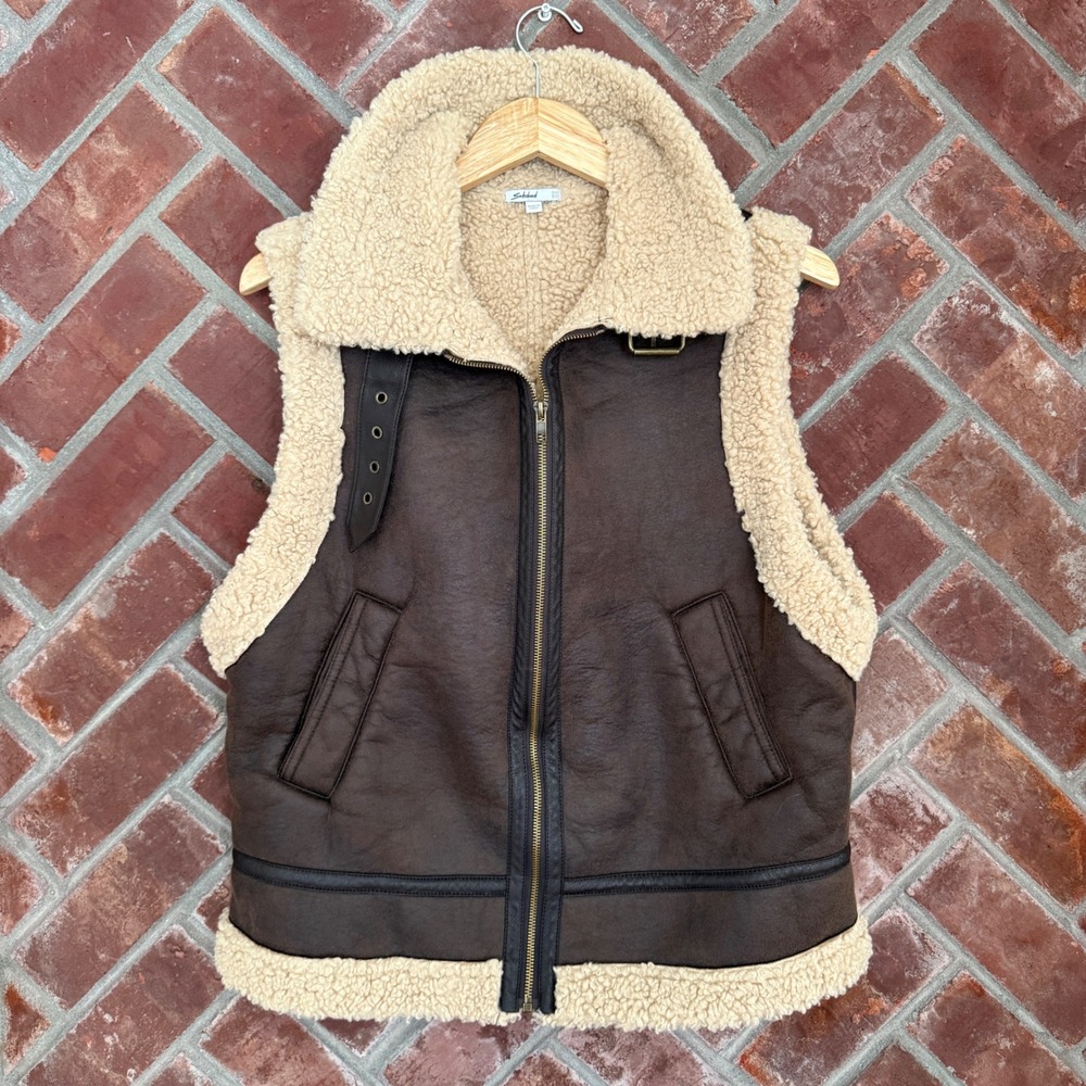 Subdued Aviator Vest Women OS Brown Beige Sherpa Lined Faux Leather Biker